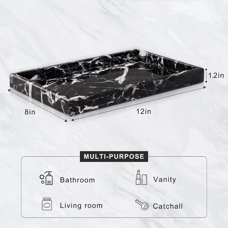 Homaura Marble Bathroom Tray for Countertop & Home Decor, Natural Decorative Marble Tray for Jewelry & Perfume Organizer, Luxury Stone Vanity Trays for Dresser, Kitchen Counter, 12" x 8", Black - Image 3